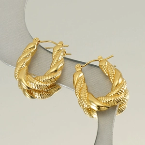 Polished gold-plated stainless steel U-shaped twist hoop earrings with twisted rope texture