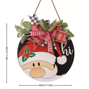 Couronne de porte Père Noël de 30cm en bois avec nœud rouge et vœux festifs