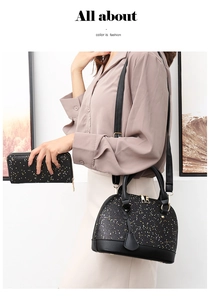 Detail of black sequin shell bag set with long wallet and adjustable shoulder strap