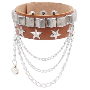 Detail view of brown PU leather punk bracelet with silver star studs and hanging chains