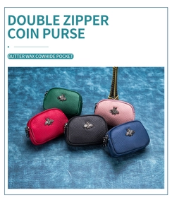 Detail of butter wax cowhide coin purses with double zippers and metal bee ornaments