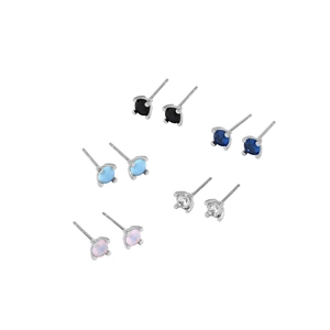 Five pairs of S925 sterling silver mini stud earrings with colorful round zircon stones