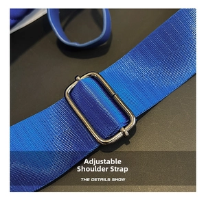 Detail of blue nylon shoulder strap featuring adjustable black metal buckle for bags