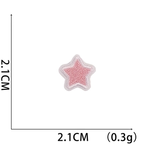 Detailed view of pink star embroidered patch showing 2.1cm size and iron-on edges
