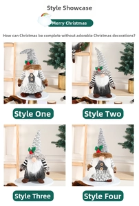 Detail of four Christmas gnome plushies with knitted hats and artificial fur beards