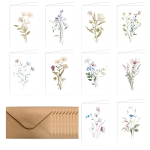 Floral watercolor greeting cards set with 10 botanical designs and brown kraft envelopes