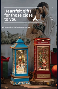 Close-up of vintage Christmas lanterns with Santa, snowmen and glowing snowflake effect