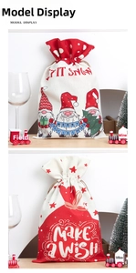 Detailed close-up of festive Christmas drawstring gift bags with gnome and star patterns