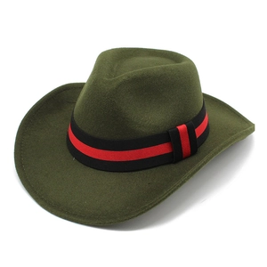 Detail of wool felt cowboy hat in army green with red and black striped ribbon band
