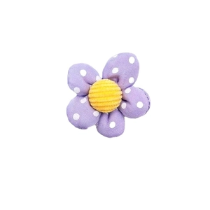 Purple fabric flower with white polka dots and yellow center for DIY hair accessories