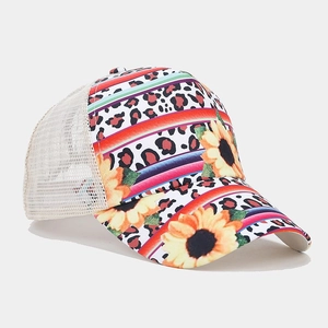Detail of floral and leopard print mesh ponytail cap with breathable white netting