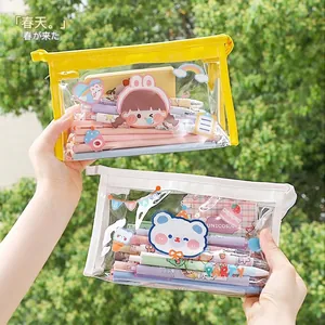 Large Capacity Transparent TPU Pencil Case Kawaii Cartoon Waterproof Triangular Makeup Bag Stationery Organizer Students