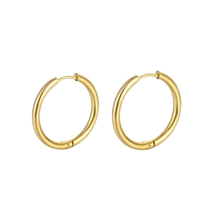 Close-up of classic polished gold hoop earrings with a sleek minimalist metal finish