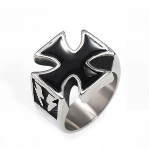 Retro lightning bolt and maltese cross stainless steel ring in black and silver contrast