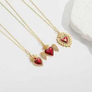 Three-piece gold heart pendant necklaces with angel wings and red enamel inlay set