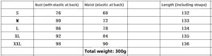Size chart for summer floral jumpsuit showing measurements for S to XXL sizes