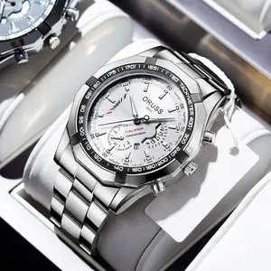 Men's steel chronograph watch with silver dial, tachymeter bezel, and luminous display