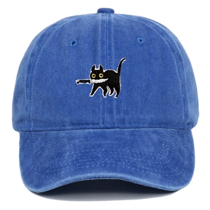 Detailed embroidery of a black cat holding a knife on a washed navy cotton baseball cap