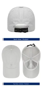 Detail of grey mesh baseball cap showing breathable holes, back buckle and interior straps
