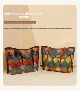 Close-up of color-block patchwork tote bags with embossed crocodile texture and metal buckle