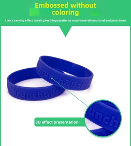 Detail of blue silicone wristband featuring embossed 3D Brunch & Bar lettering texture