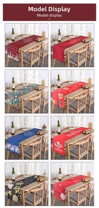 Detailed collage of eight Christmas table runner designs with festive holiday prints