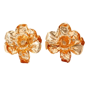 Statement oversized golden alloy flower earrings with intricate hammered texture and layers