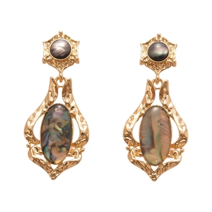 Vintage gold geometric oval drop earrings with dark shell inlay in a retro luxury style
