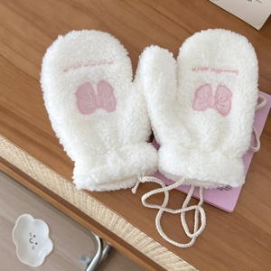 Plush beige mittens with pink bow embroidery and convenient neck lanyard for winter warmth