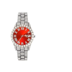 Luxury silver-tone watch with a red dial, roman numerals, and a diamond-encrusted band
