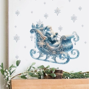 Stickers muraux traîneau du Père Noël bleu et flocons de neige sur mur blanc