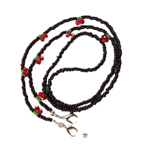 Minimalist black beaded glasses chain with red cherry accents and lobster clasps