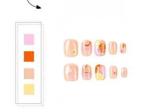 Detail of pink heart and floral press-on nails with wave lines and star patterns
