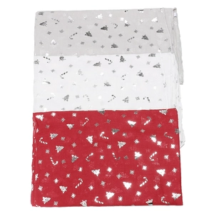 Detail of red, white, and gray Christmas scarves with silver tree and snowflake prints