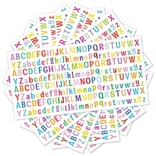 Close-up of multi-colored 0.5-inch block letter stickers for scrapbooking and labeling
