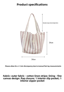 Size chart for canvas tote showing 34x34cm dimensions and interior pocket details