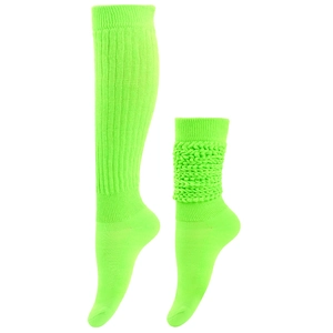 Detail of neon green ribbed knit slouch socks showing both stretched and slouched styling