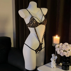 Sexy leopard print teddy lingerie with deep V-neck and cut-out waist on a mannequin