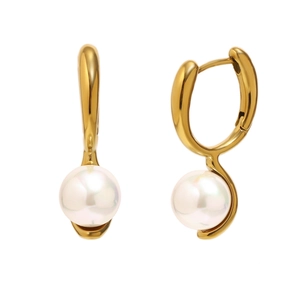 Elegant 18K gold plated stainless steel huggie earrings with round faux pearl drops