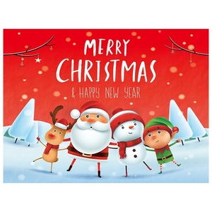 Merry Christmas banner with Santa Claus, reindeer, and snowman on a red background