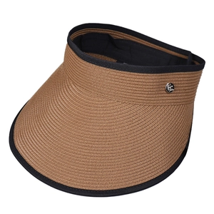 Japanese style linen roll-up sun visor in tan straw with black trim for summer sun protection