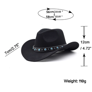 Western black felt cowboy hat with turquoise beaded band and size dimensions shown