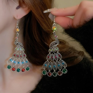 Vintage peacock tassel drop earrings with multicolored rhinestones and silver finish