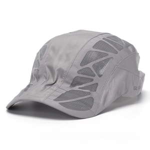Close-up of grey quick-dry baseball cap featuring breathable mesh panels and logo