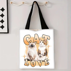 Borsa tote in tela color bianco sporco con stampa gatti realistica e manici neri