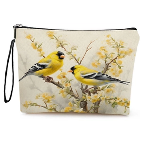 Bird print canvas makeup bag with zipper, featuring two yellow finches on blooming branches