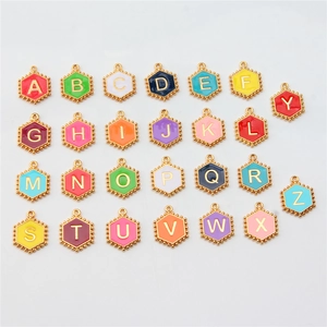 Full set of 26 hexagonal enamel letter charms with gold trim for DIY jewelry making