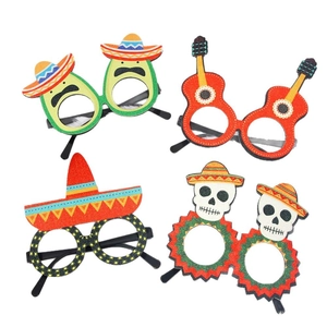 4 pairs of Mexican party glasses featuring skull, sombrero, avocado, and guitar designs.