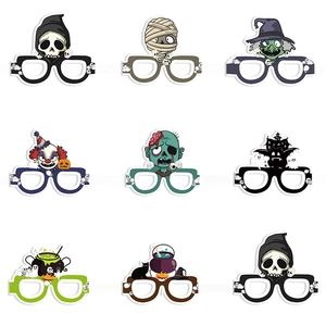 Set of 9 colorful Halloween paper glasses with skeleton, pumpkin, and ghost party designs