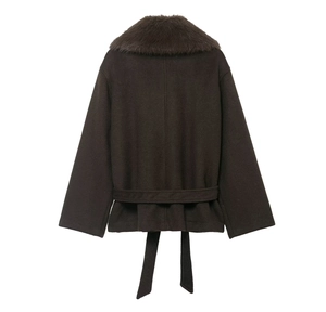 Rear view of a dark coffee wool coat featuring a plush faux fur collar and waist tie belt